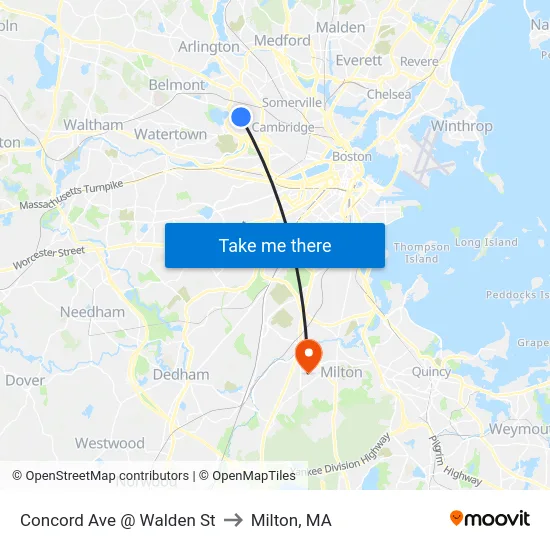 Concord Ave @ Walden St to Milton, MA map