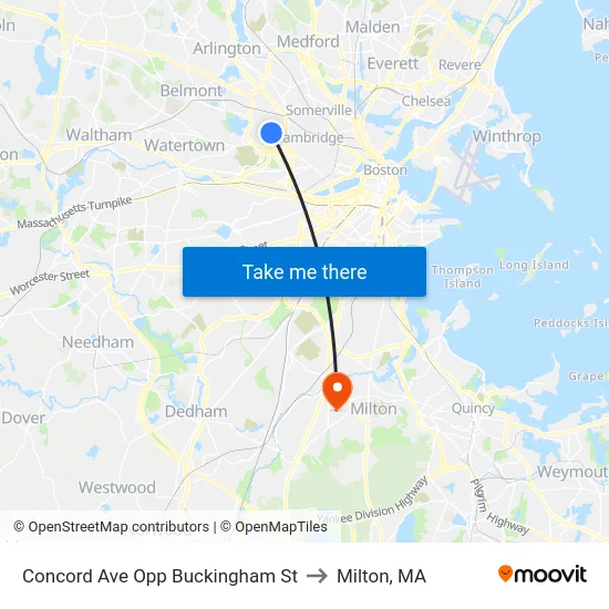 Concord Ave Opp Buckingham St to Milton, MA map