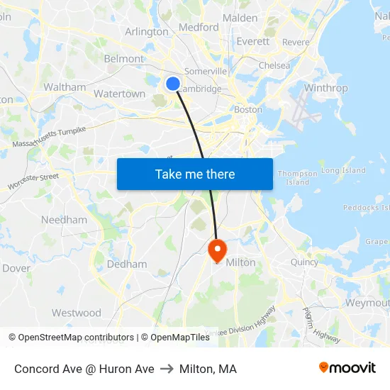 Concord Ave @ Huron Ave to Milton, MA map