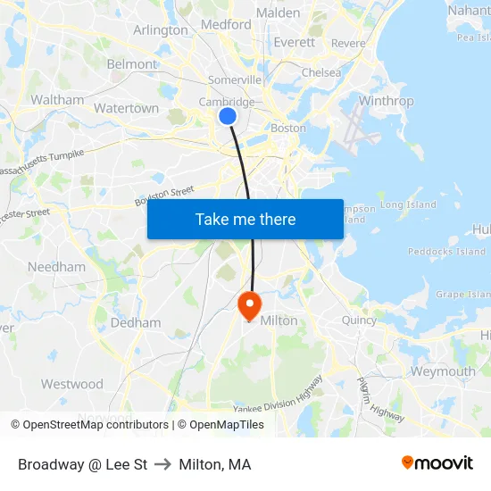 Broadway @ Lee St to Milton, MA map