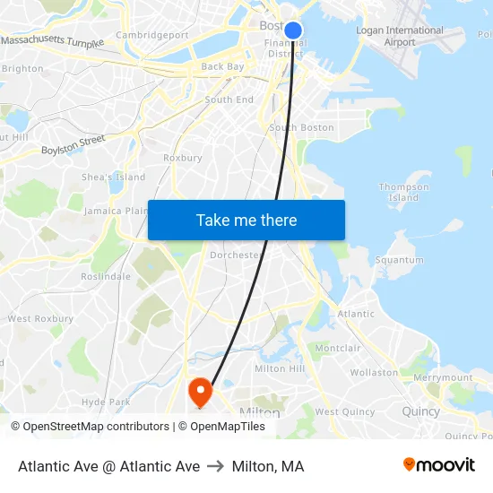 Atlantic Ave @ Atlantic Ave to Milton, MA map