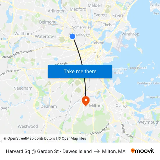 Harvard Sq @ Garden St - Dawes Island to Milton, MA map