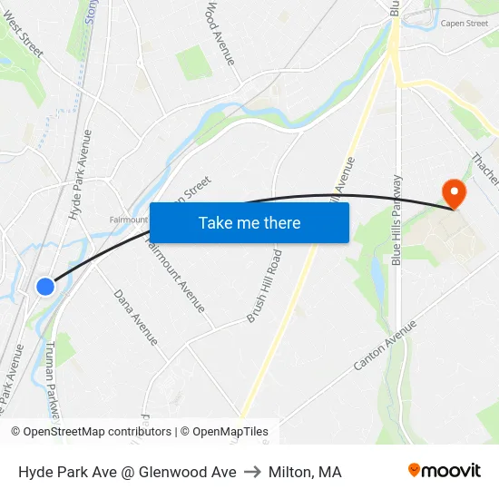Hyde Park Ave @ Glenwood Ave to Milton, MA map