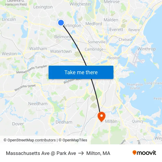 Massachusetts Ave @ Park Ave to Milton, MA map