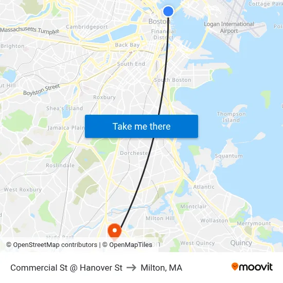 Commercial St @ Hanover St to Milton, MA map
