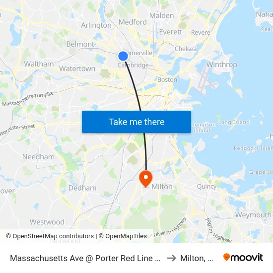 Massachusetts Ave @ Porter Red Line Sta to Milton, MA map