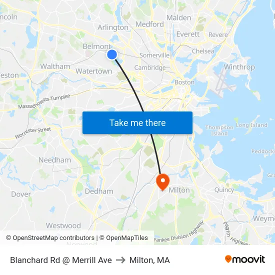 Blanchard Rd @ Merrill Ave to Milton, MA map
