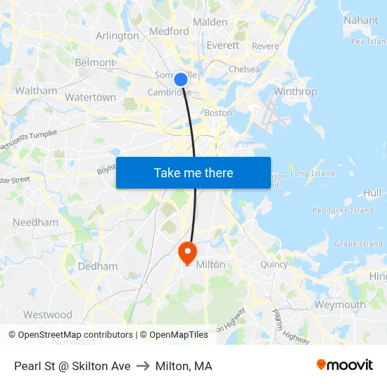 Pearl St @ Skilton Ave to Milton, MA map