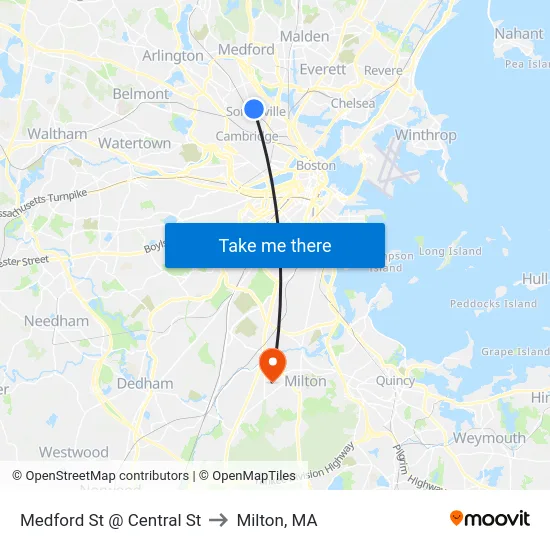 Medford St @ Central St to Milton, MA map