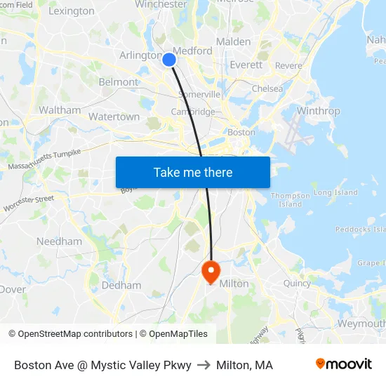 Boston Ave @ Mystic Valley Pkwy to Milton, MA map