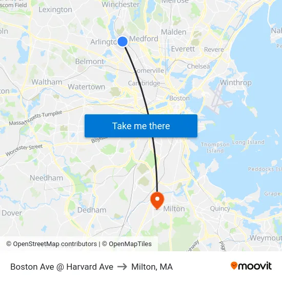 Boston Ave @ Harvard Ave to Milton, MA map