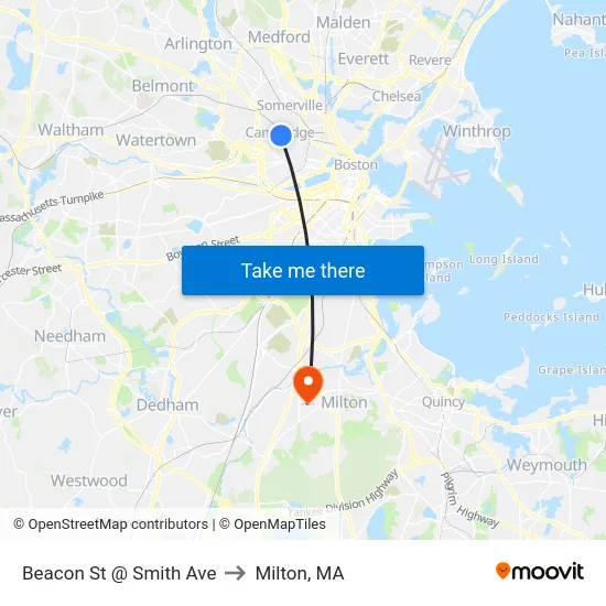 Beacon St @ Smith Ave to Milton, MA map