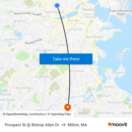 Prospect St @ Bishop Allen Dr to Milton, MA map