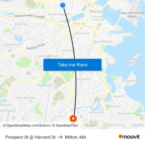 Prospect St @ Harvard St to Milton, MA map
