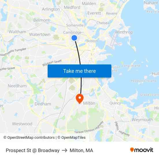 Prospect St @ Broadway to Milton, MA map