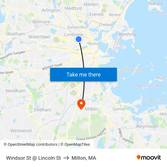 Windsor St @ Lincoln St to Milton, MA map