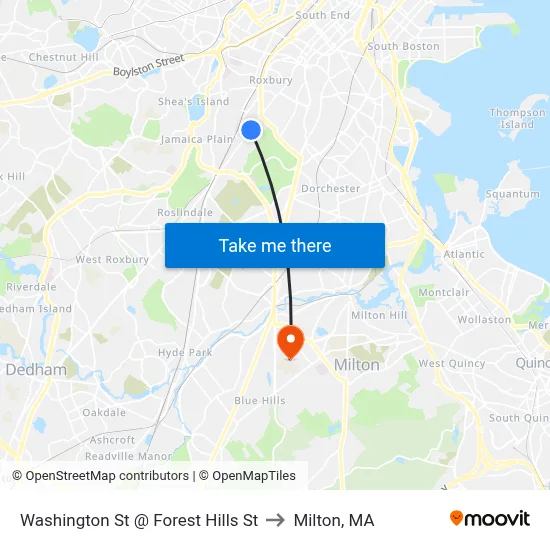 Washington St @ Forest Hills St to Milton, MA map