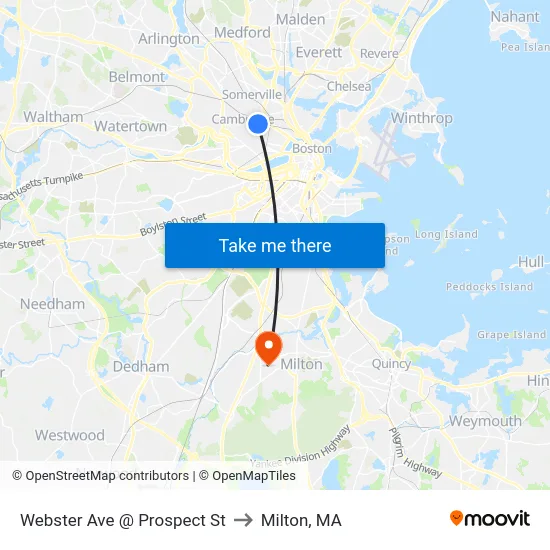 Webster Ave @ Prospect St to Milton, MA map