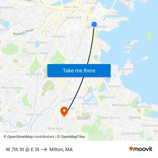 W 7th St @ E St to Milton, MA map