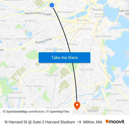 N Harvard St @ Gate 2 Harvard Stadium to Milton, MA map