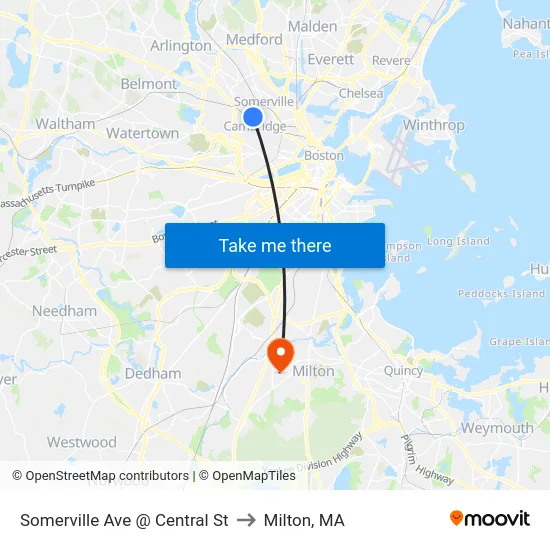 Somerville Ave @ Central St to Milton, MA map