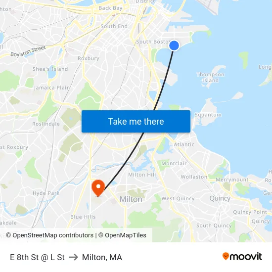 E 8th St @ L St to Milton, MA map