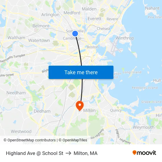 Highland Ave @ School St to Milton, MA map