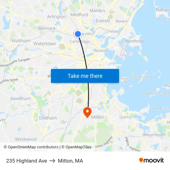 235 Highland Ave to Milton, MA map