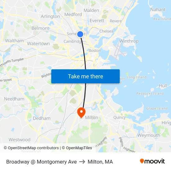 Broadway @ Montgomery Ave to Milton, MA map