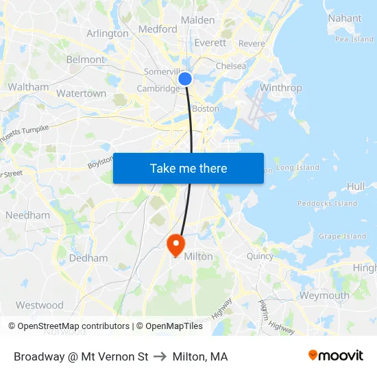 Broadway @ Mt Vernon St to Milton, MA map