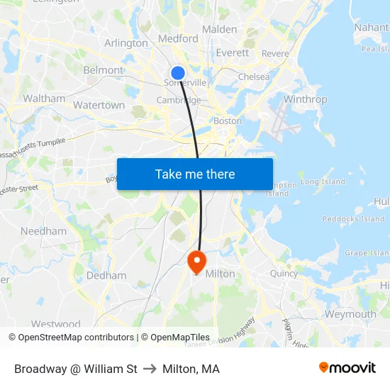 Broadway @ William St to Milton, MA map