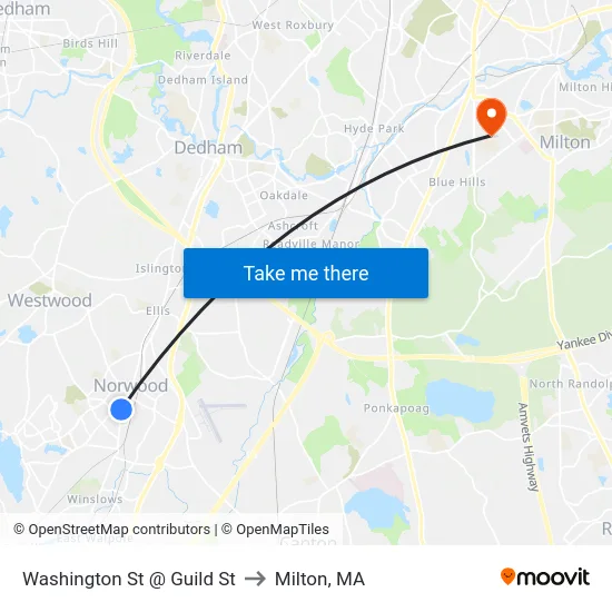 Washington St @ Guild St to Milton, MA map