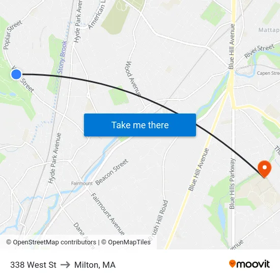 338 West St to Milton, MA map