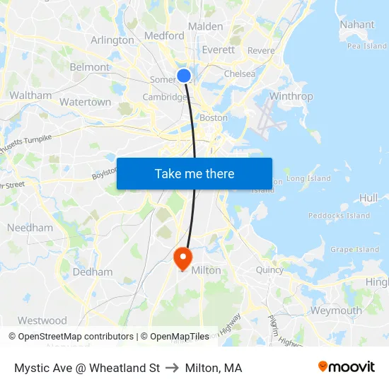 Mystic Ave @ Wheatland St to Milton, MA map
