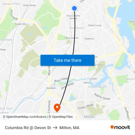 Columbia Rd @ Devon St to Milton, MA map