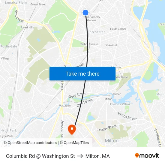 Columbia Rd @ Washington St to Milton, MA map