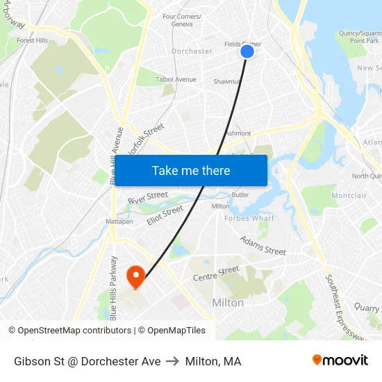 Gibson St @ Dorchester Ave to Milton, MA map