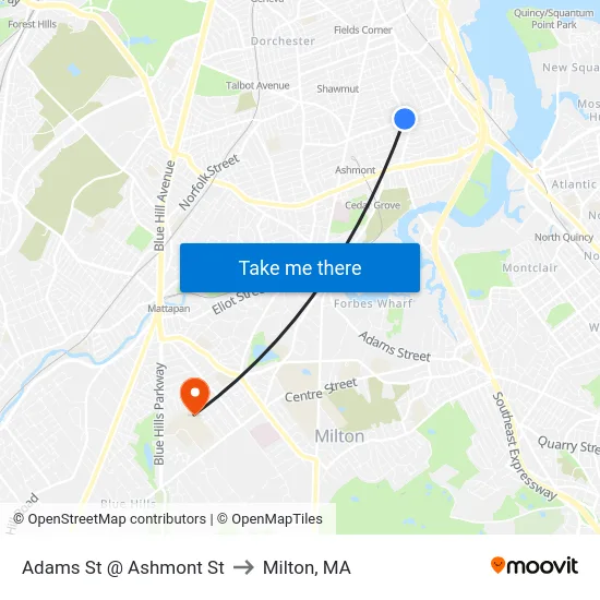 Adams St @ Ashmont St to Milton, MA map