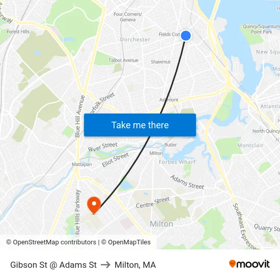 Gibson St @ Adams St to Milton, MA map