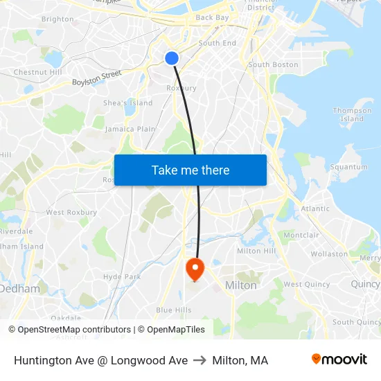 Huntington Ave @ Longwood Ave to Milton, MA map