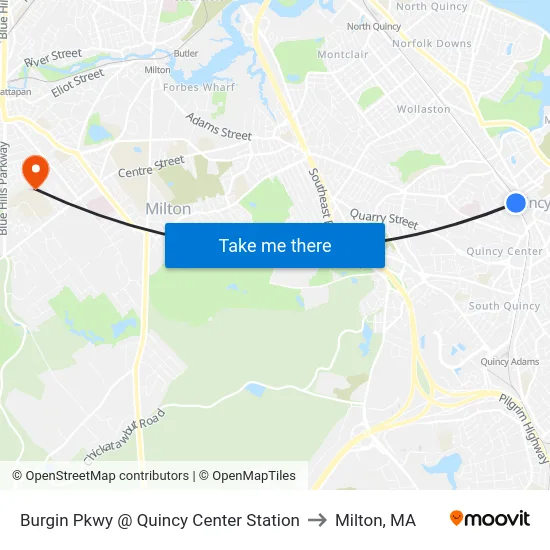 Burgin Pkwy @ Quincy Center Station to Milton, MA map