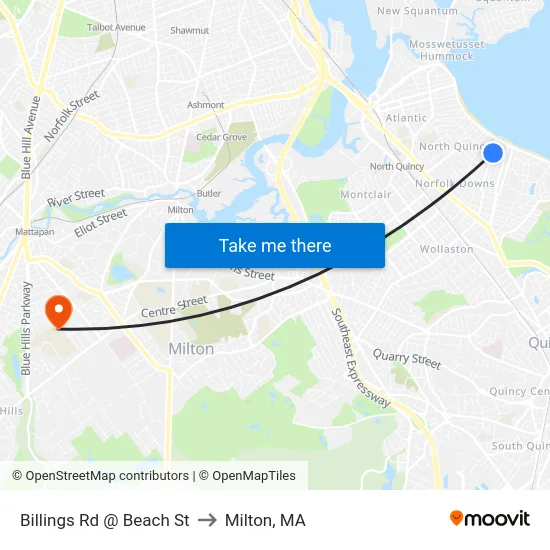 Billings Rd @ Beach St to Milton, MA map