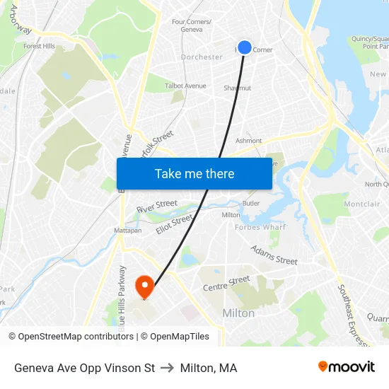 Geneva Ave Opp Vinson St to Milton, MA map