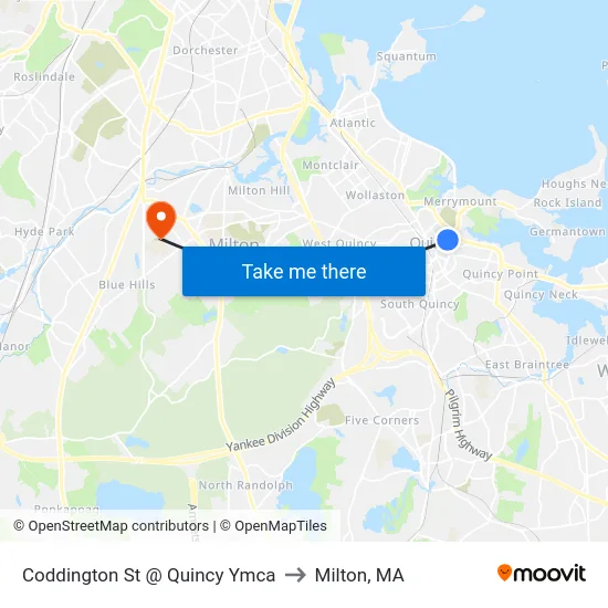 Coddington St @ Quincy Ymca to Milton, MA map