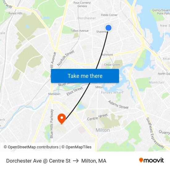 Dorchester Ave @ Centre St to Milton, MA map