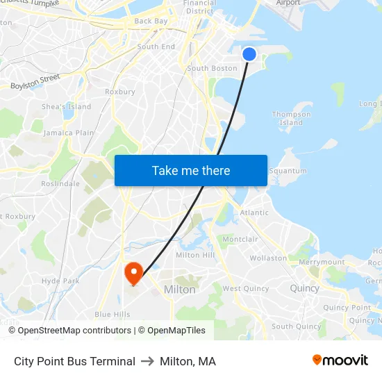 City Point Bus Terminal to Milton, MA map