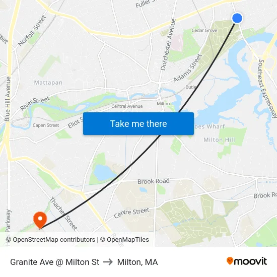 Granite Ave @ Milton St to Milton, MA map