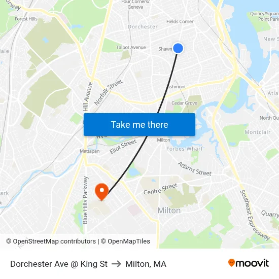 Dorchester Ave @ King St to Milton, MA map