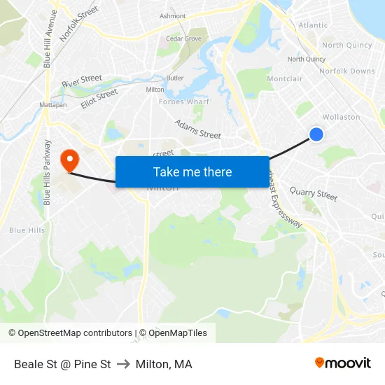 Beale St @ Pine St to Milton, MA map