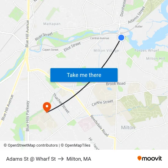 Adams St @ Wharf St to Milton, MA map